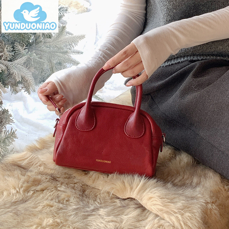 YUNDUONIAO new plant tanned leather bowling bag Boston bag genuine leather small bag retro style handbag and crossbody bag