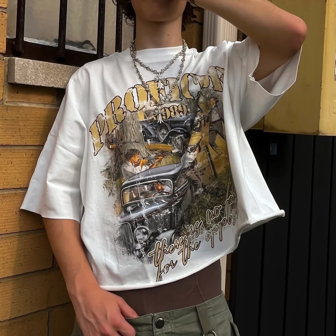 Streetwear Oversized T Shirt Men Women Harajuku Retro Letter Graphic Print T Shirt Gothic Cotton White Short Sleeves Y2K Clothes 260303