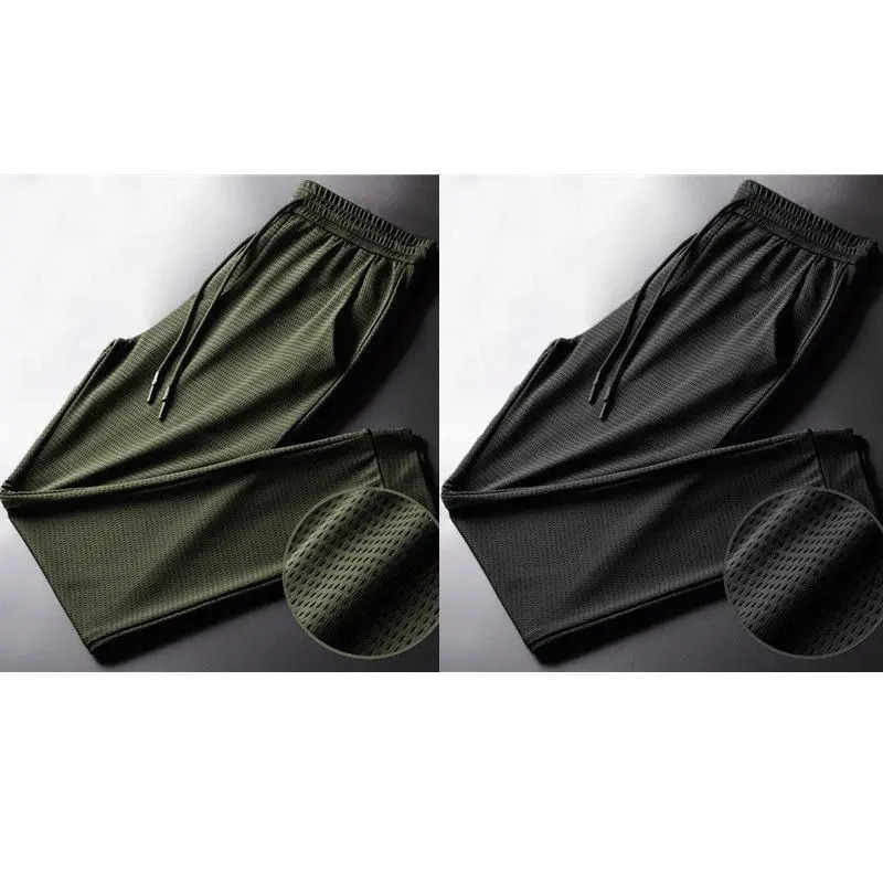 Mens Summer Ice Silk Pants Mesh Breathable Casual Thin Quick Dry Pants Loose Elastic Beam Feet Pants Sports Fitness Pants 260306