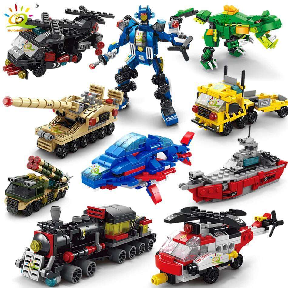 HUIQIBAO 6IN1 City Engineering Car Police Truck Building Blocks Tank Helicopter Bricks Fire Fighting Set Toys for Children Z260306