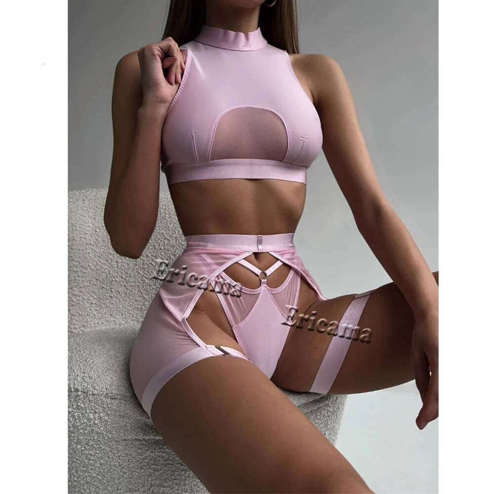 Sexy Lingerie Woman 3 Pieces Vest Top Seamless Underwear Garter Belt Set Thong Black Intimate Exotic Sets