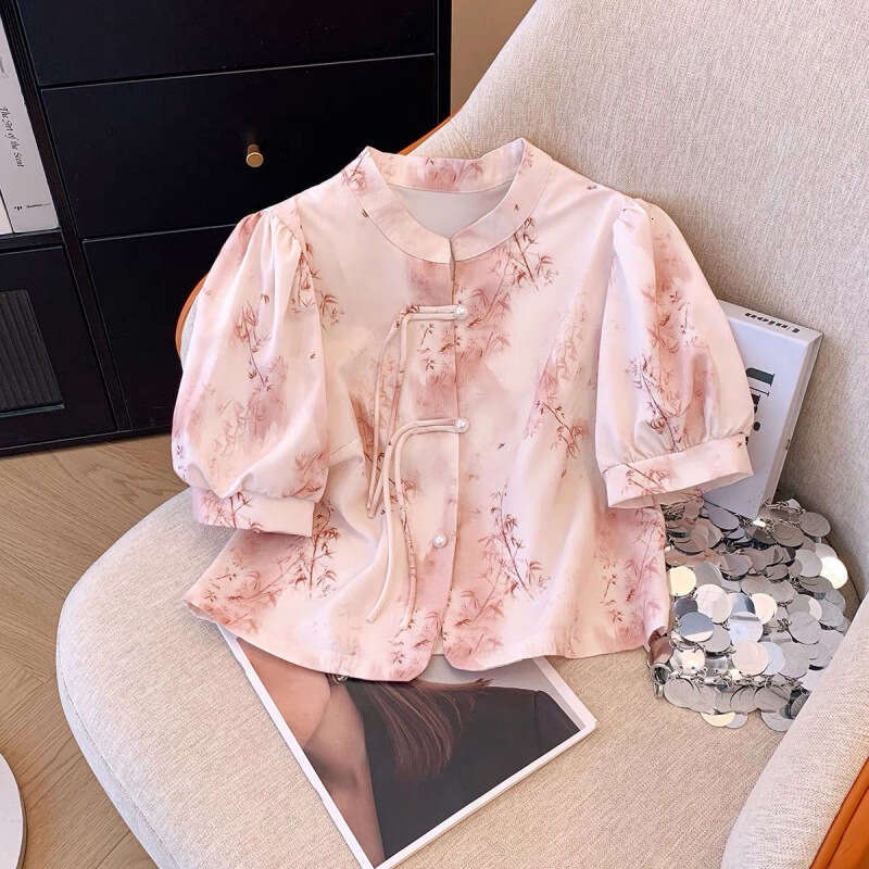 New Chinese style Green Bamboo Print Short Sleeve Shirt With Summer Cheongsam Collar And Button Design Embroidered Slim Fit Women's T-irt Summer