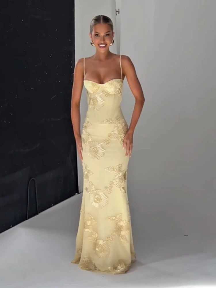 Pale Yellow Print Backless Bandage Dress Women Chic Sleeveless Off Shoulder High Waist Slim Fit Robes Lady Evening Party Gowns X260306