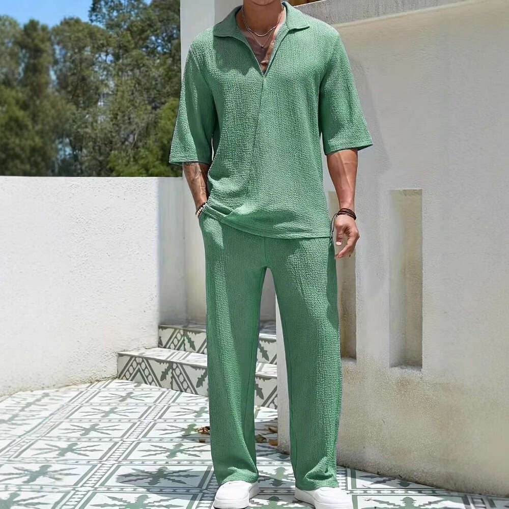 2026 European and American Spring New Cross-Border Commuting Men's Casual Shirt Solid Color Short Sleeve Long Pants Two-Piece Set