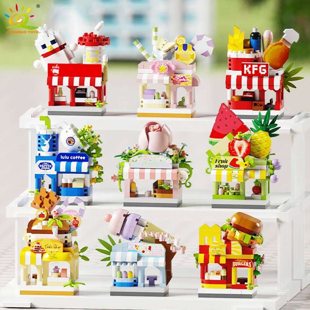 HUIQIBAO MOC Street Shop model Micro Building Block Burger Fried Flower Model Mini Brick Toy for Children Desk Decoration Z260306