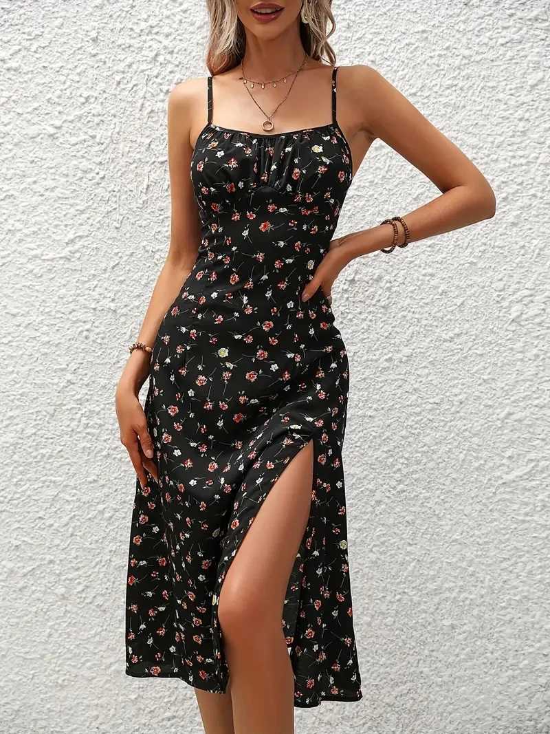 2024 Women Floral Print Spaghetti Straps Summer Boho Beach Dress Print Elegant Suspenders Square Neck Slit Dress Vestidos X260306