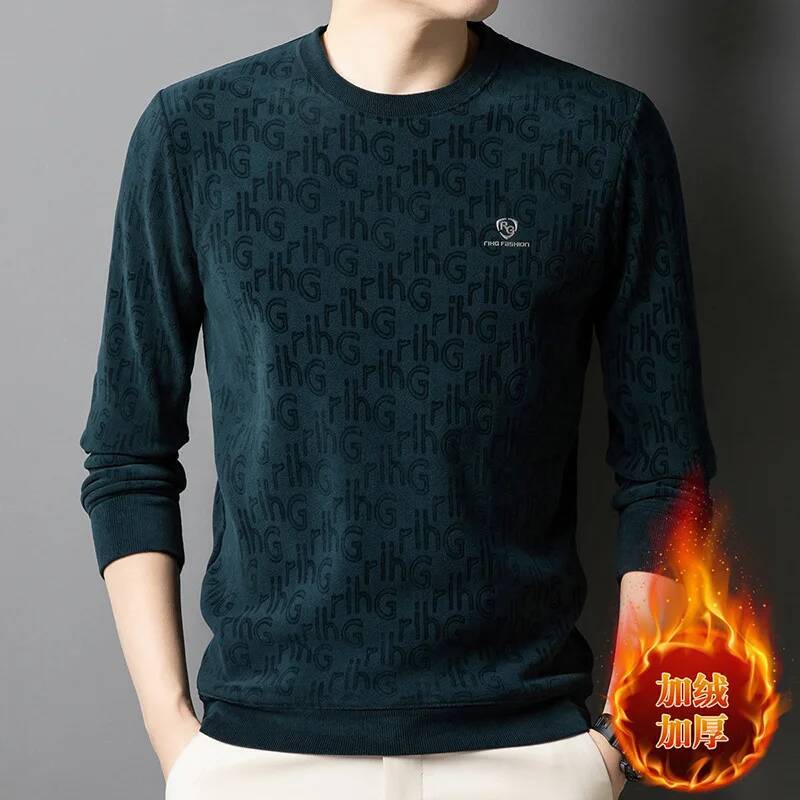 Fleece Thickened Oufen Sweatshirt Men Winter Round Neck Fashionable Jacquard Warm Long-sleeved T-shirt Base Men's Clothing
