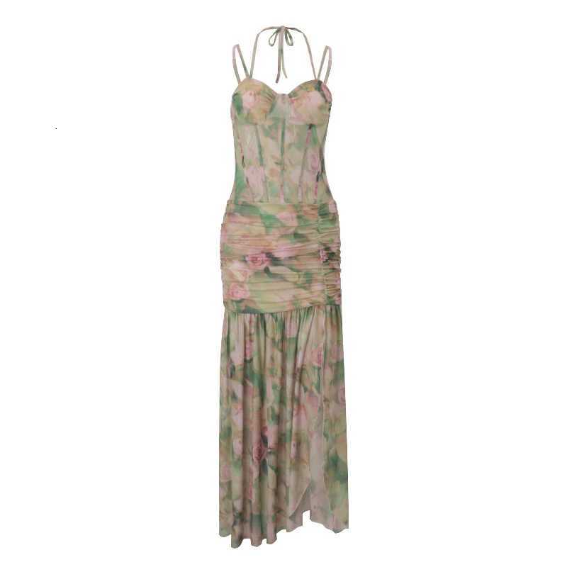 hirigin Women Sleeveless Corset Dress Y2K Floral Print Ruched Split Party Long Dress for Vacation Cocktail Beach Streetwear X260306