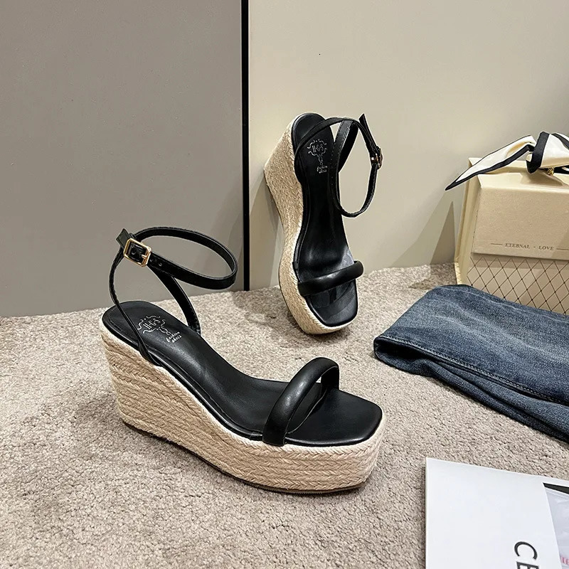 Seller Summer Buckle Square Head Hemp Wedge Sandals Thin Belt Braided Platform High Heel Shoes for Women 260306