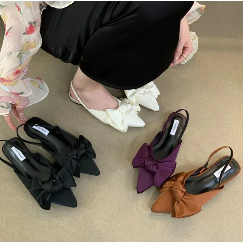 er Bow Womens Sandals Pointed Toe Elegant Heels Shoes Summer Mules Shoes Slingback Dress Slippers Trend 260303