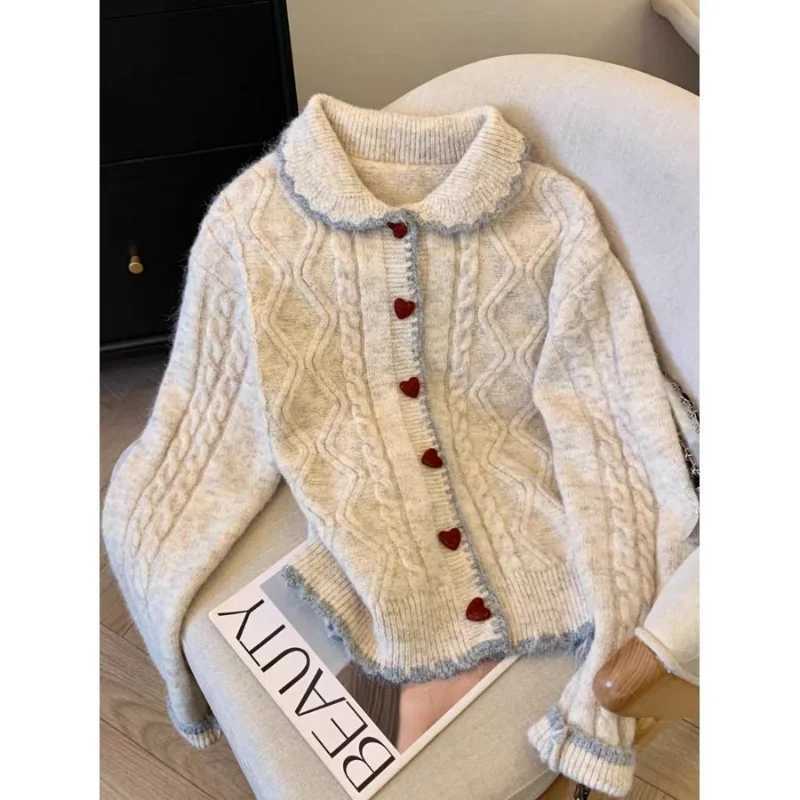 Lapel Love Button Twist Sweater Cardigan for Women Autumn and Winter THiCKened Loose Knitted Sweater M260306