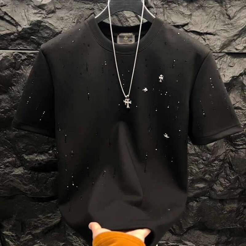 European and American Style Handsome Short Top Heavy Craft Light Luxury Clothing Meteor Hot Stamping T-Shirt Men's Round Neck Half Sleeve Tee