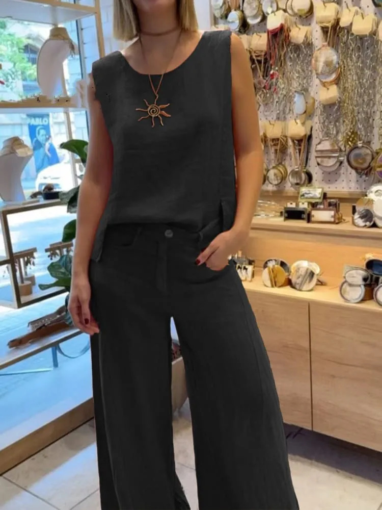 Summer Fashion Womens Commuting Style Cotton and Hemp Two Piece Set Round Neck Sleeveless Top Wide Leg Pants Set 260305