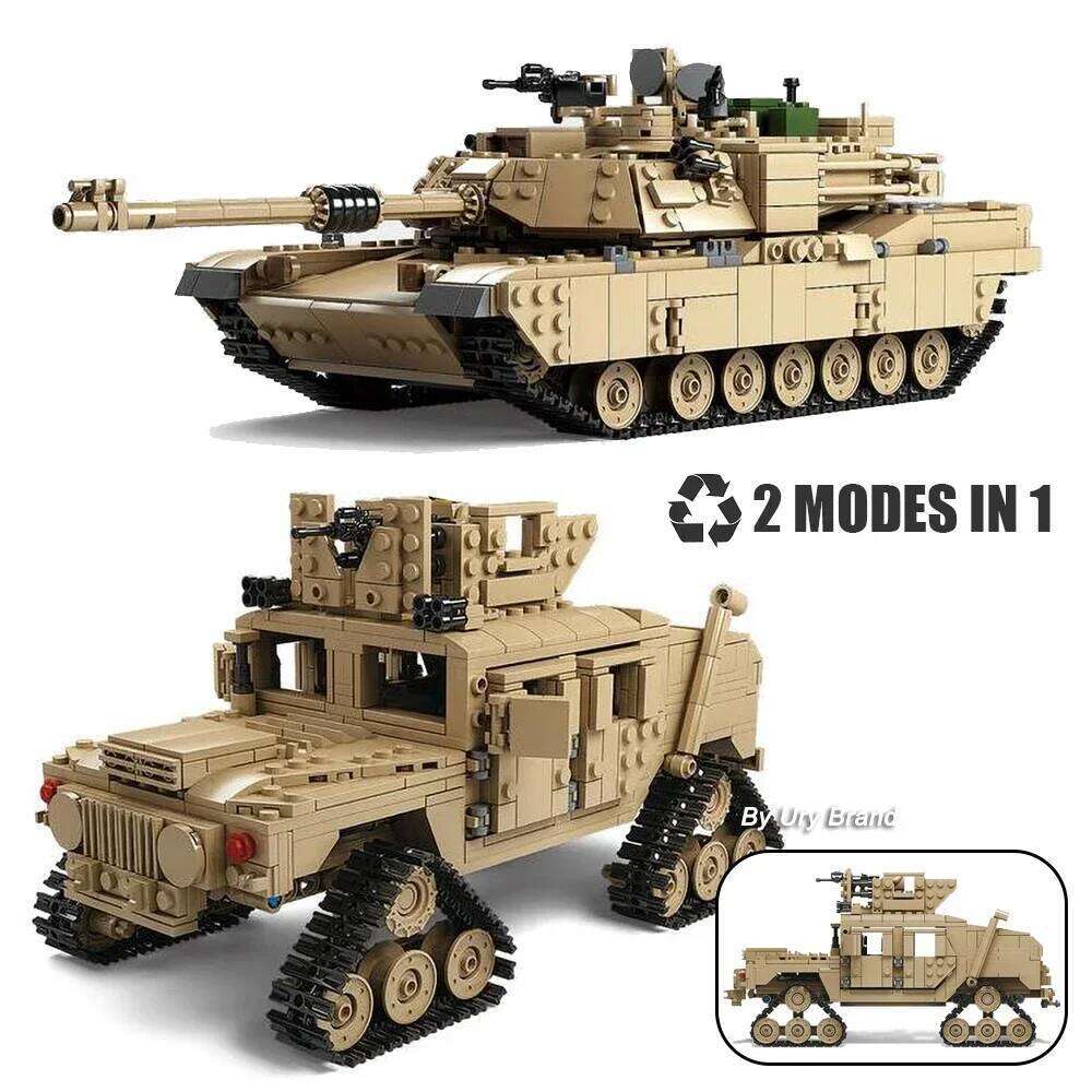 2in1 WW2 Military M1A2 Abrams MBT Tank Model Army Cannon Chariot Set Soldier Figures DIY Building Blocks Toys for Boys Kids Gift Z260306