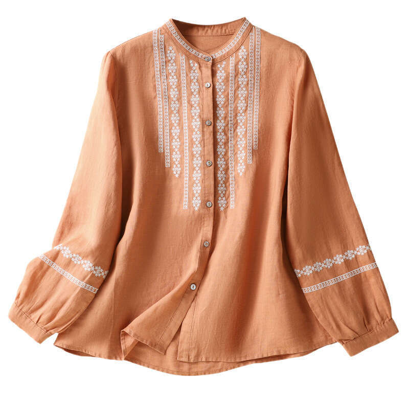 Mardi Hefxessdr stand collar long-sleeved shirt Spring new women's stand-collar versatile long-sleeve shirt top cotton-linen Chinese shirt women&