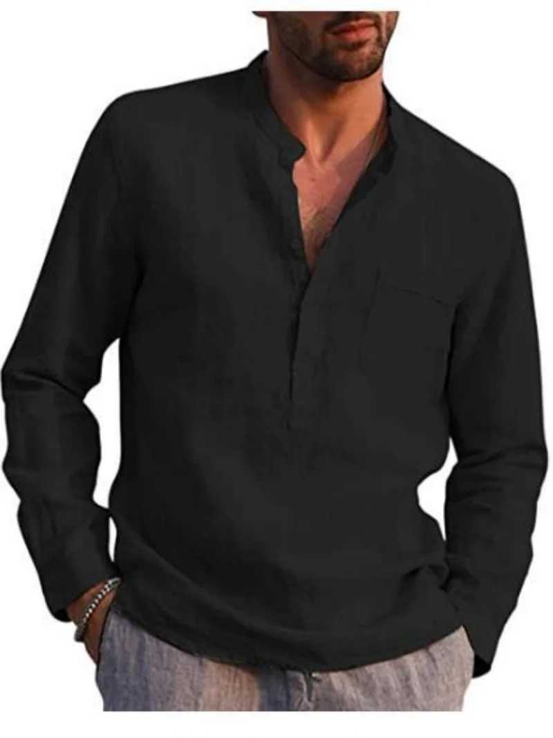 Mens Linen Long Sleeve Shirt - Stand Collar Button-Front Single Chest Pocket Casual Tops for Spring Summer M260305