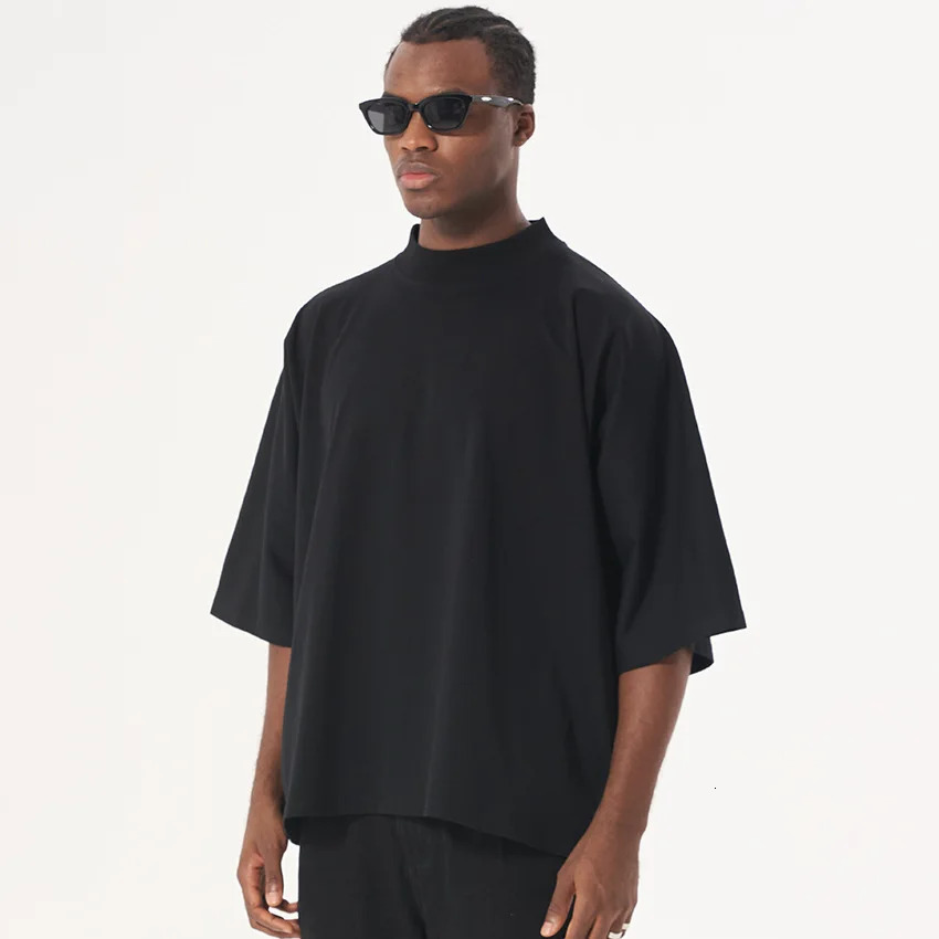 300GSM Heavyweight Cotton Boxy Cropped Tee Slim Neck Streetwear T-Shirt Hip Hop Mens Short Wide Distressed Shirt 260304