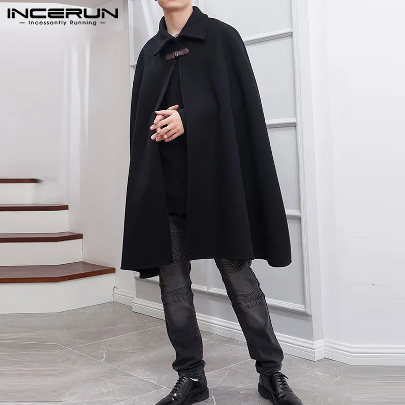 INCERUN Fashion Men Cloak Coats Lapel Solid Color One Button Cape Trench Streetwear Casual Male Overcoats Ponchose S5XL 260302
