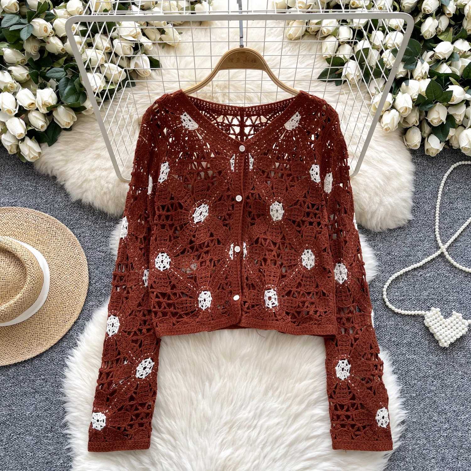 Crochet Top Women Long Sleeve Floral OpenStitch Knit Cardigan Embroidered Button Up Blouse Boho Resort Wear Spring Summer 2026 M260306