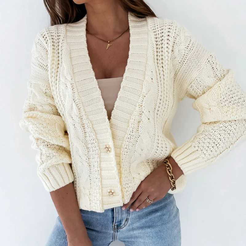 Winter Women Knitted Cardigan Sweater V-neck Long Sleeve Fried Dough Twists Solid Color Casual Autumn Elegant Lady Casual Coat M260306