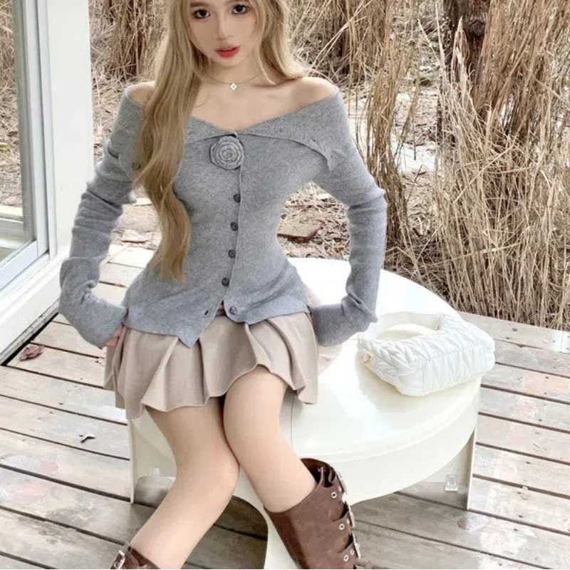 Spring Autumn Solid Color Slash Neck Long Sleeve Fashion Sweater Women High Street Button Patchwork Cardigan Off Shoulder Tops M260306