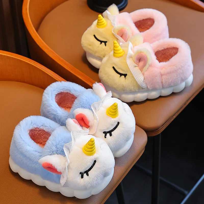 Winter Kids Warm Plush Slippers - Cartoon Unicorn Indoor Slides Non-Slip Soft Cotton Mule for Girls Boys House Shoes S260305
