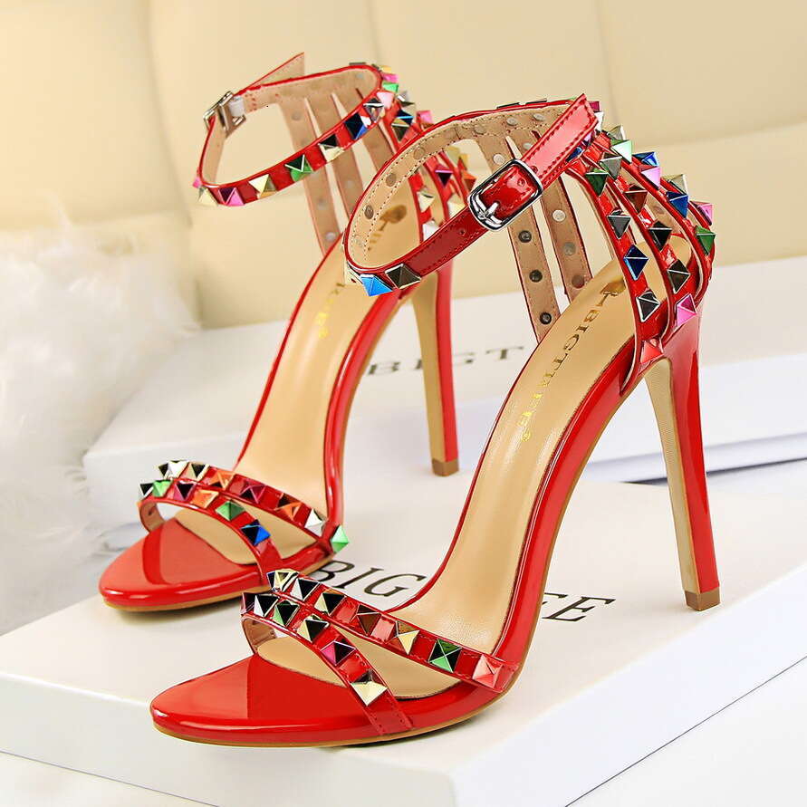 European And American Roman Style Women S Shoes Thin Super High Heel Open Toe One Strap Hollow Colorful Rivet Sandals