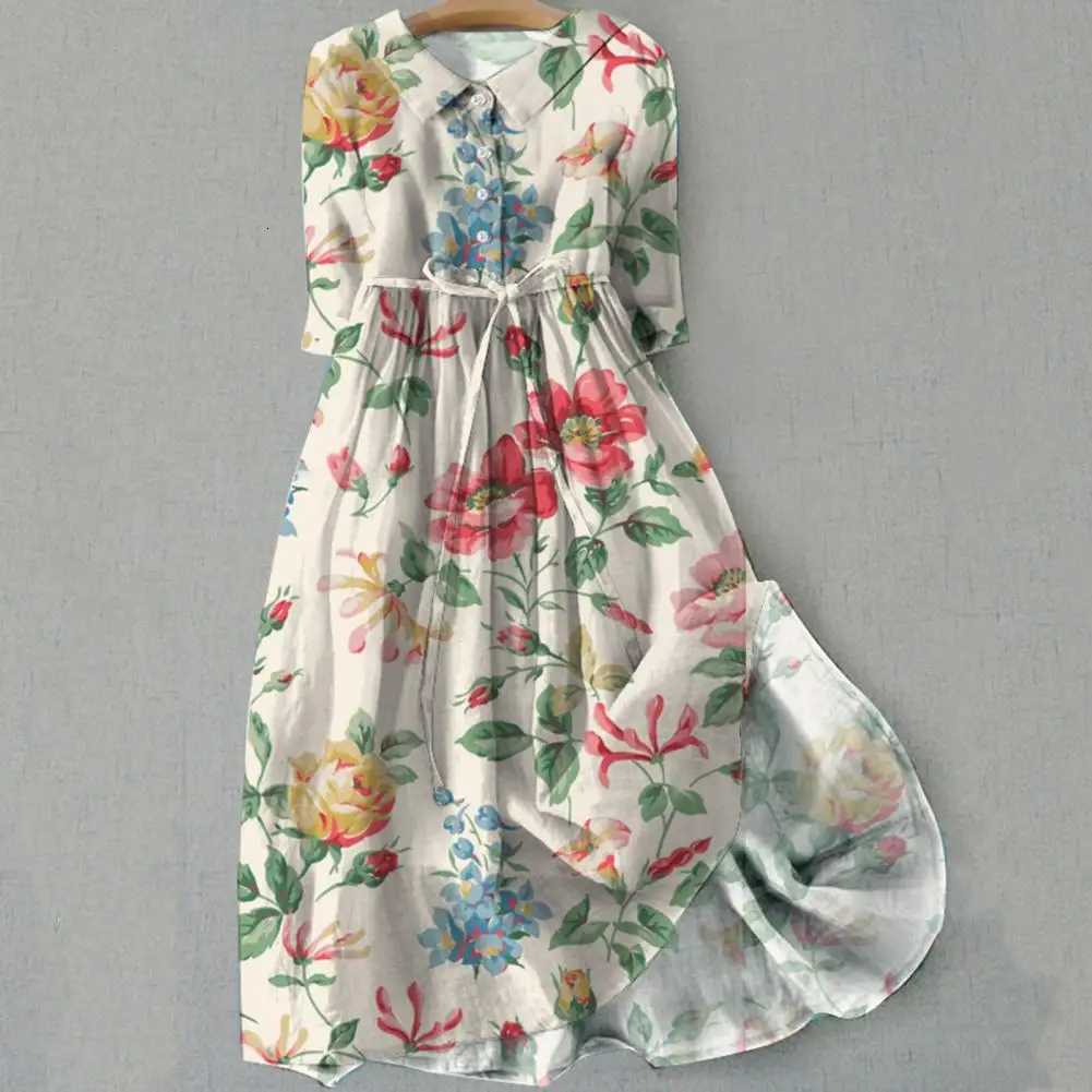A-line Dress Bohemian Floral Print Midi Dress with Lace-up Detail A-line Silhouette for Women Spring Fashion Statement Women X260306