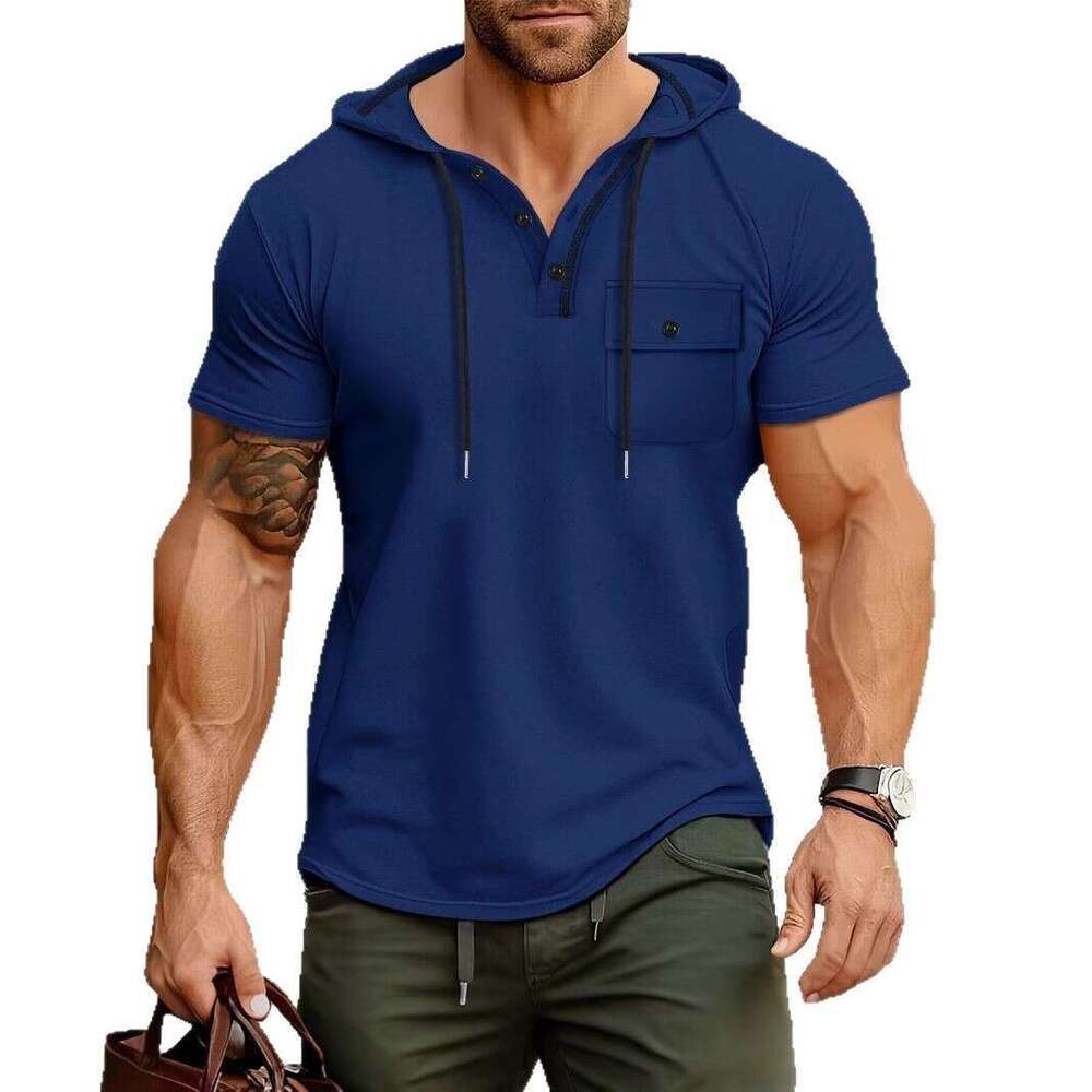 Men's Fitness Hooded Short Sleeve T-Shirt Summer Hoodie Sports Top American Style Henley Shirt