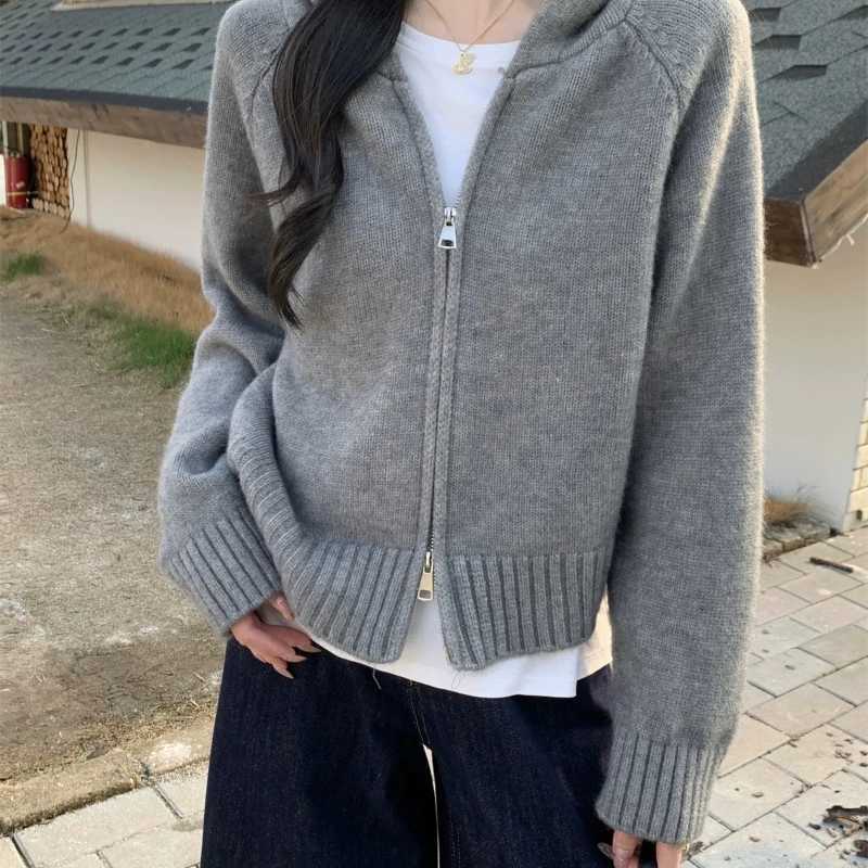 New Fashion Double Zipper Hooded Knitted Cardigan Womens Long Sleeved Sweater 2025 Autumn and Winter Solid Color Straight Coat M260306