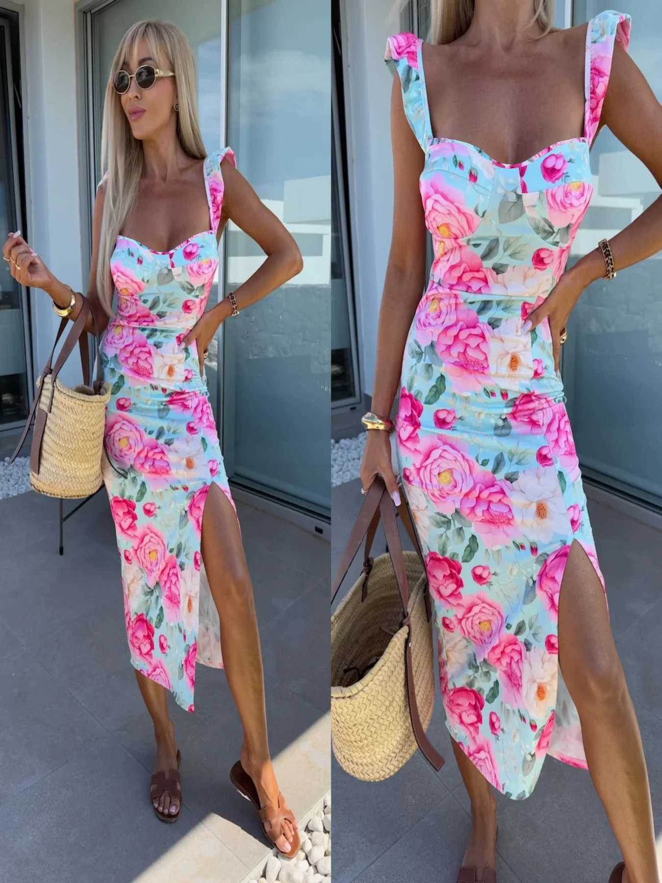 European and American summer new elegant design French flower suspender slit midi-length ladies dress X260306
