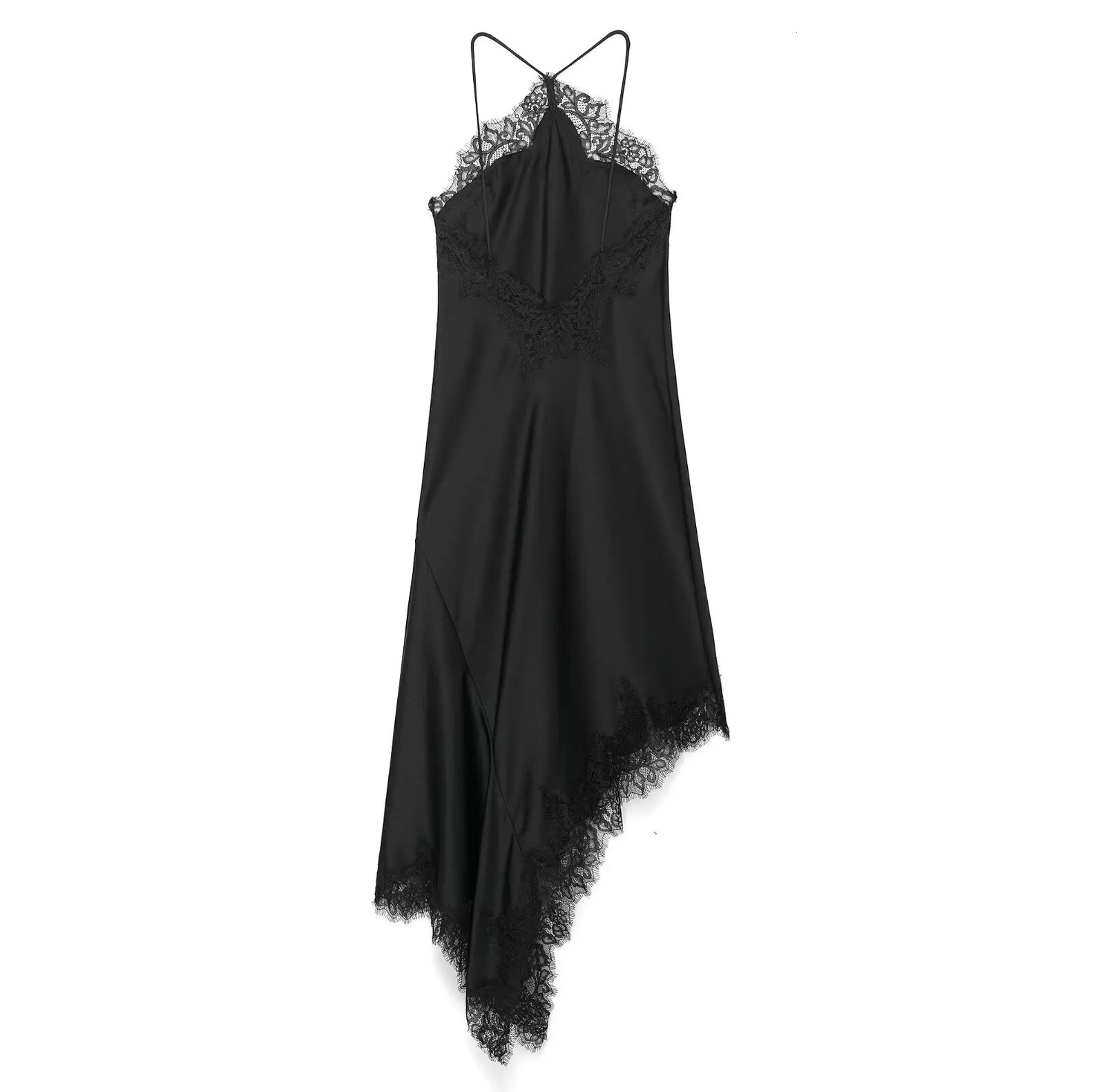BSAY Summer Product Womens Lace Decorative Satin Texture Strap Sexy Dress with Hanging Neck and Asymmetric Bottom 260306