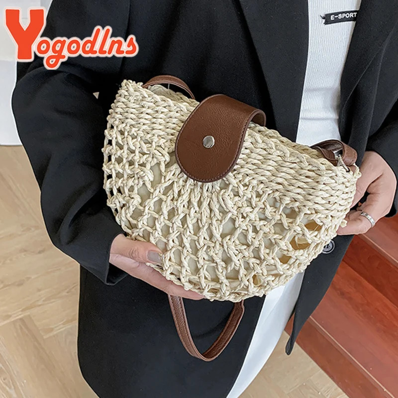 Yogodlns Summer Straw Bag For Women Fashion Semicircle Crossbody Bags Rattan Handmade Messenger Handbag Travel Beach Bags Tote 260303