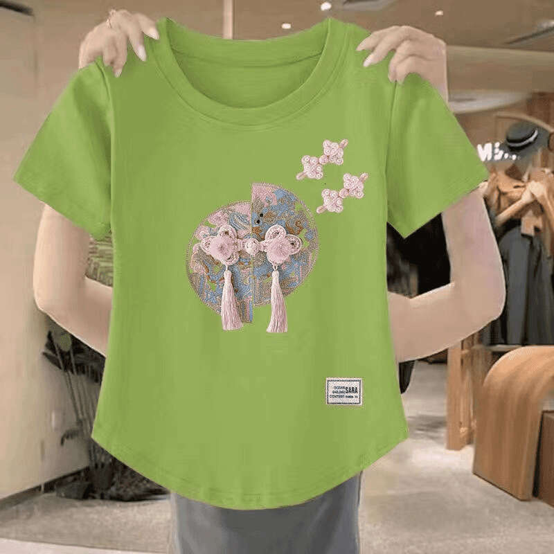 New Chinese Sle Plum Blossom Button Embroidered Pure Cotton White T-irt Women's Slim Fit ort Sve Summer Top