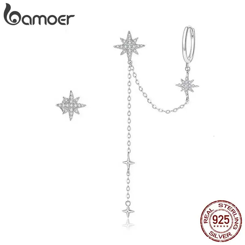 925 Sterling Silver Asymmetric Star Drop Earrings Clear CZ Stud Earring for Women Birthday Gift Jewelry BSE433 260303