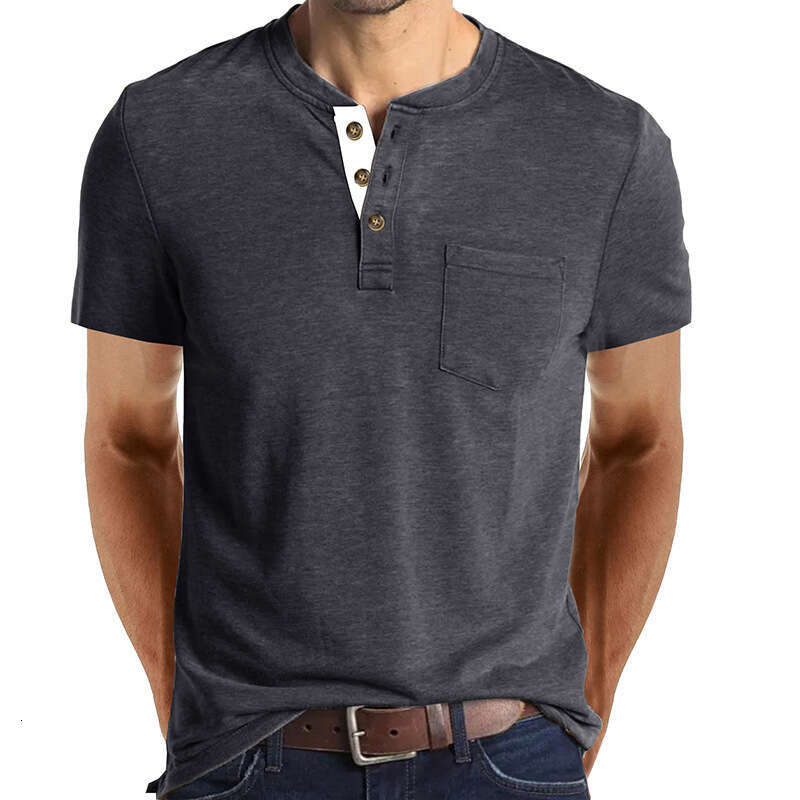 2024 Summer European and American Short Sleeve Foreign Trade Men's Henley T-Shirt Cross-Border Clothing Crew Neck Top