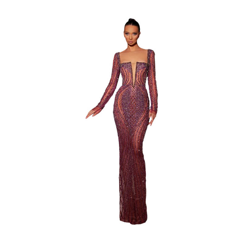 Sexy Square Neck Evening Dresses Customized Luxury Sequined Beading Prom Dress Long Sleeve Floor Length Party Gown