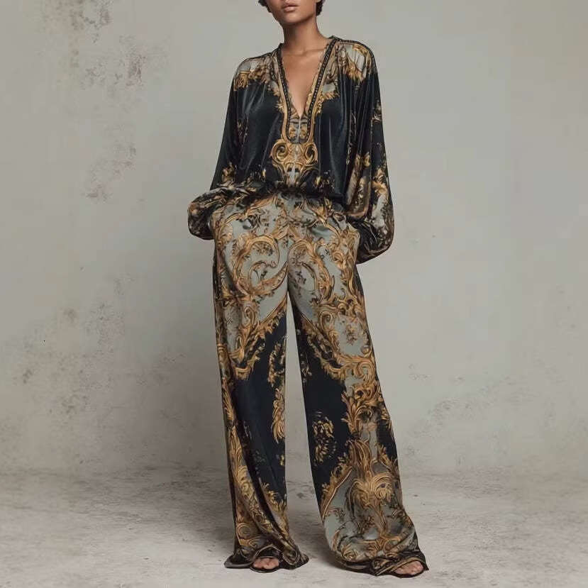 Women Early Spring Retro V Neck Korean Velvet Printed Two Piece Suit Elegant Holiday Vacation Outfit Fashion Casual Ladies Matching Set