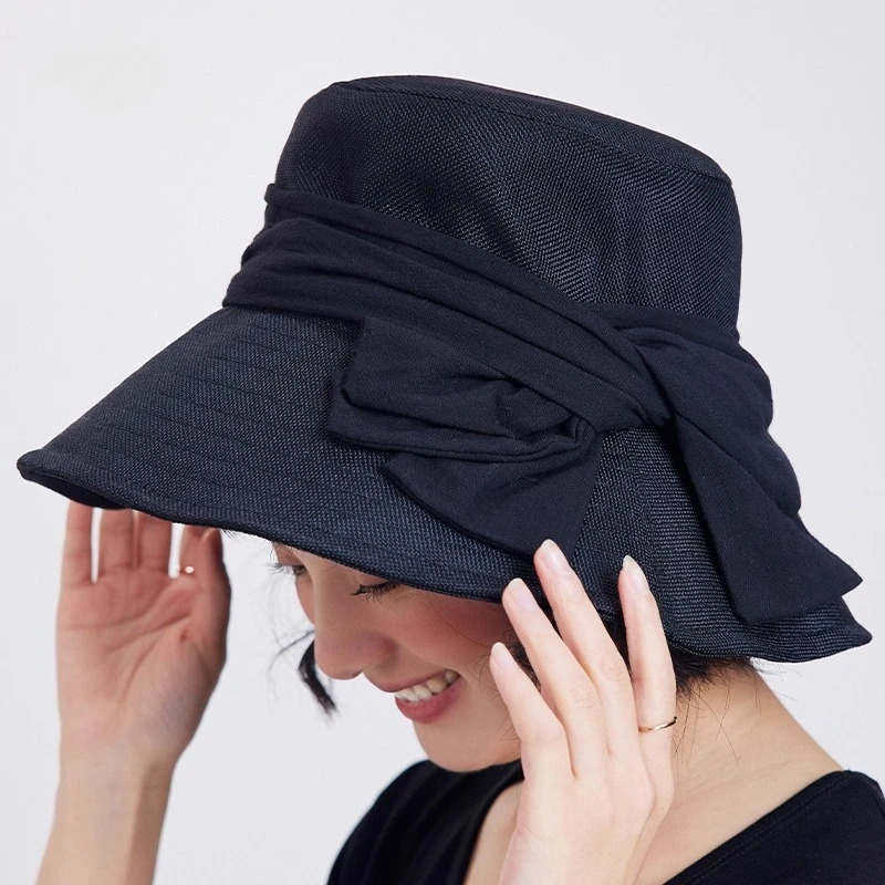 USPOP Elegant Wide Brim Cotton Linen Bucket Hat for Women Summer Sun Hat with Bow Foldable UV Protection Beach Hat 260228