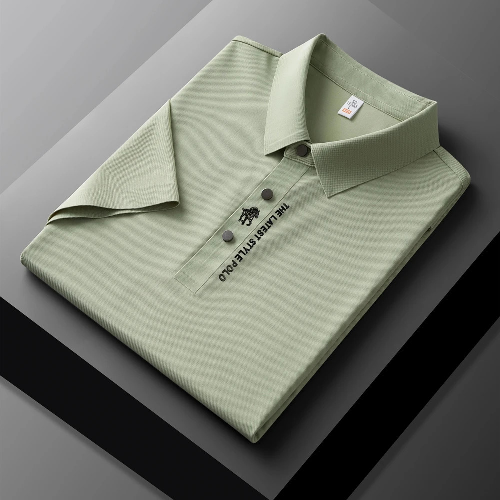 High end ice silk breathable short sleeve T-shirt mens lapel summer fashion embroidery casual business polo shirt 260304