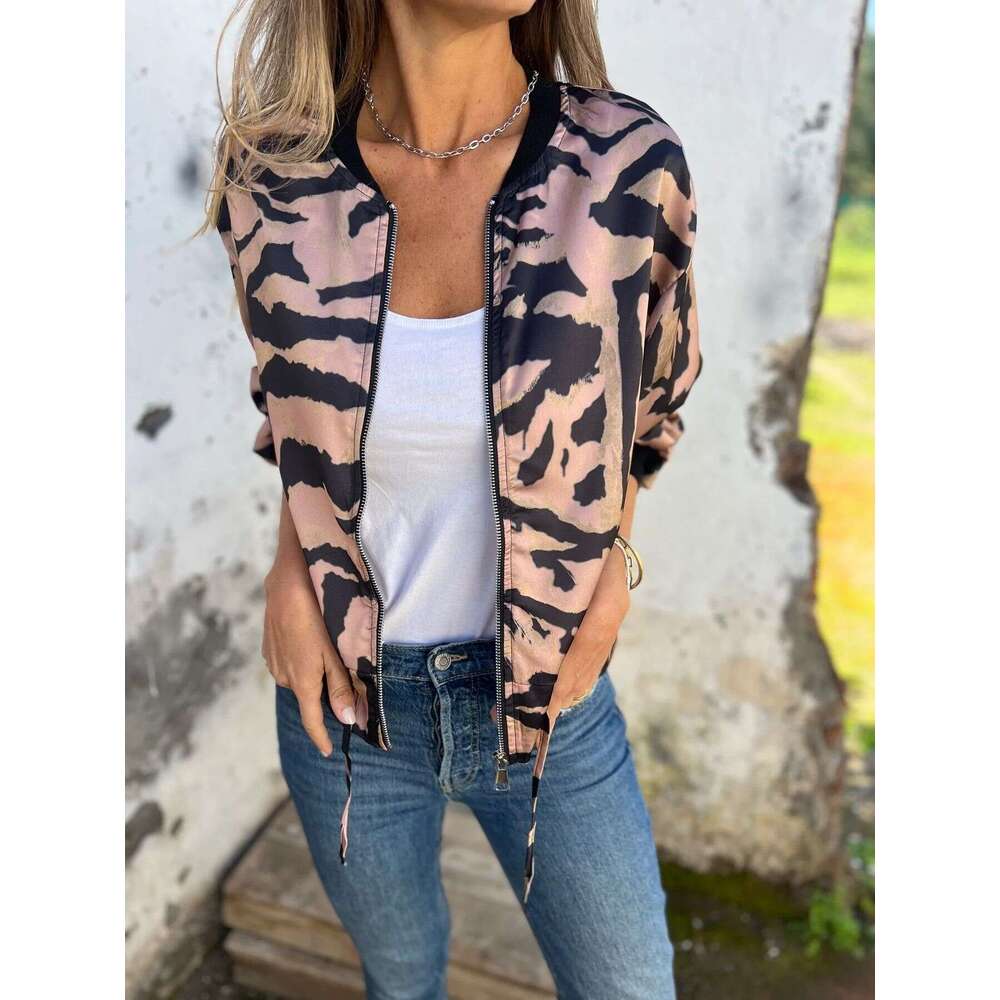 Women's Casual Tiger Print Bomber Jacket Autumn New Arrival Zip Up Long Sleeve Lightweight Outerwear Jacket For Women