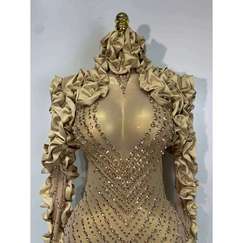 Women Sexy Long Sleeve Gold Rhinestone Bodycon Mini Dress Birthday Party Costume Bar Nightclub Singer Stage Performance Outfit