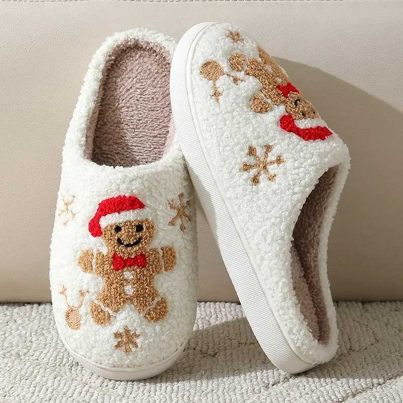 Christmas Women Slippers Cute Gingerbread Winter Warm Slides Couple Houseshoes Men Bedroom Flat Soft Sole Home Shoes for Gift S260305