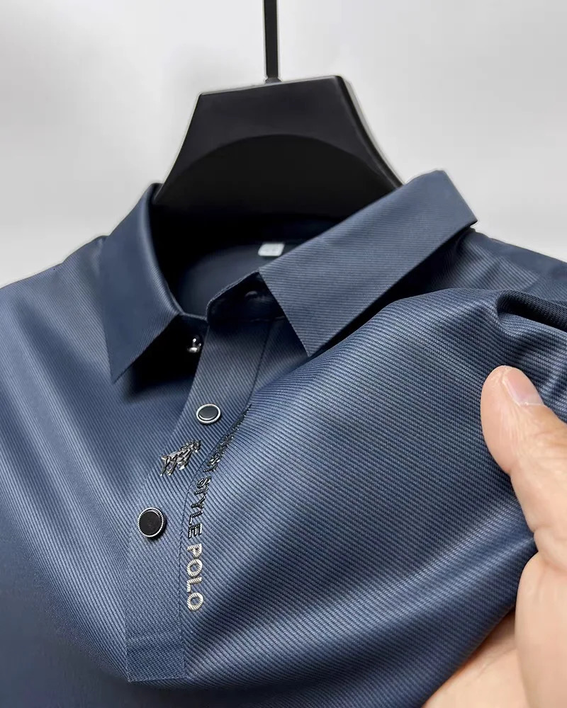 High end ice silk breathable short sleeve T-shirt mens lapel summer fashion embroidery casual business polo shirt 260304