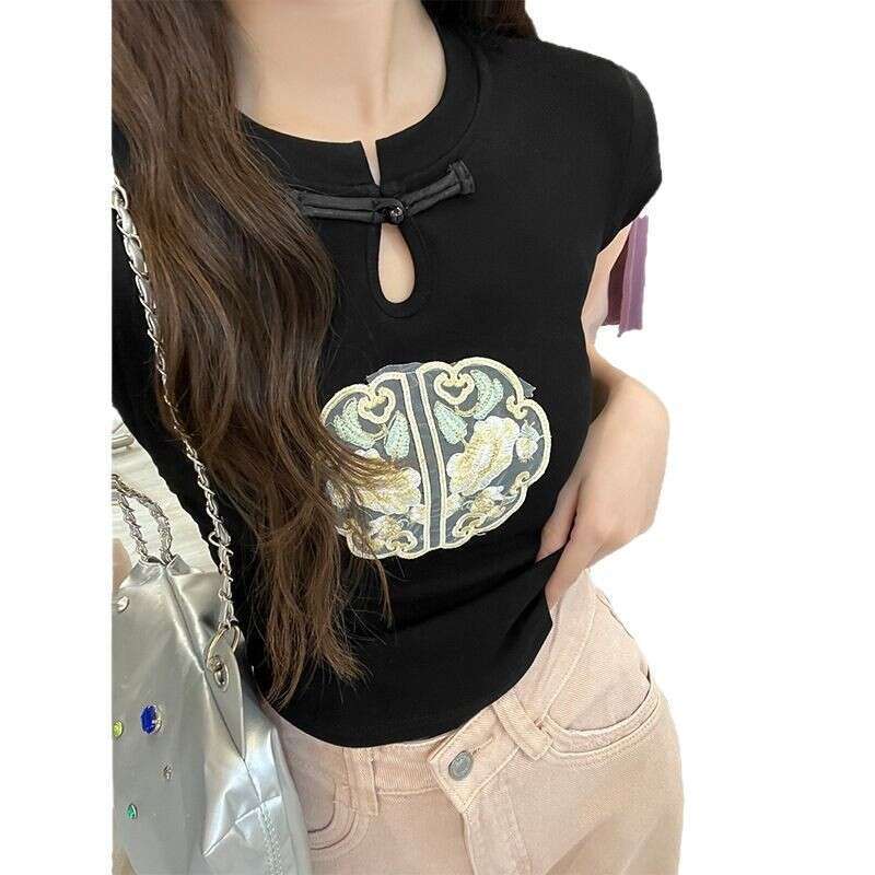 Summer Hot Sale Women's Slim Fit Short Sleeve T-Shirt Waist Cinched Y2k Spicy Girl Style Chinese style casual belly button embroidery top