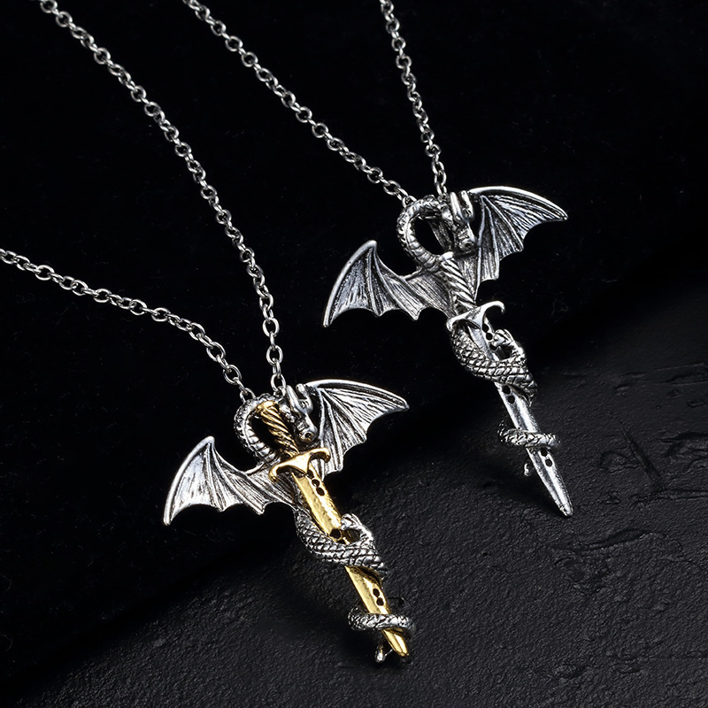 Necklace European and American Fashion Retro Pterosaur Necklace Wrapped Metal Personality Necklace Punk Rock Style Dragon Sword Sweater Chain Necklace