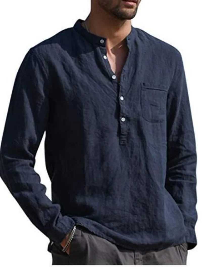 Mens Linen Long Sleeve Shirt - Stand Collar Button-Front Single Chest Pocket Casual Tops for Spring Summer M260305