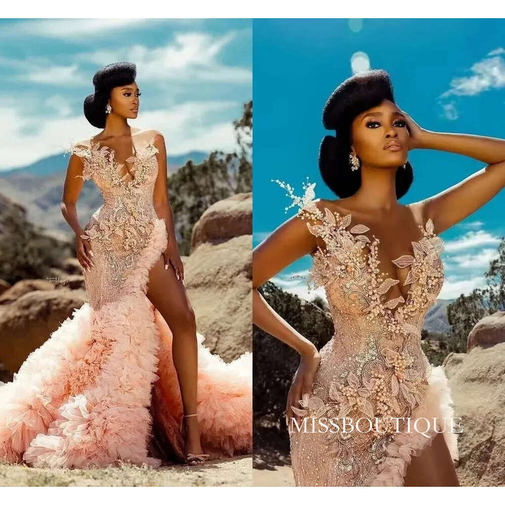 2026 Customized Luxury Pink Slit Ruffled Long Prom Dresses For Black Girls Pearls 3D Hand Flower Women Birthday Party Gowns African Evening Red Gala V