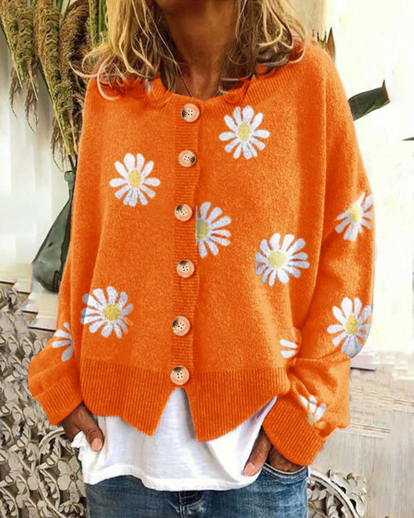 Womens Oversized Knit Cardigan Casual Button-Up Sweater with Orange Daisy Embroidery Comfortable Loose Fit Sweater M260306