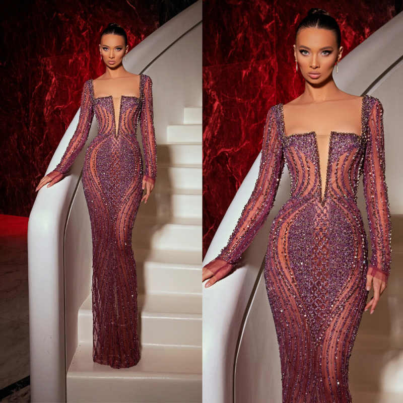 Sexy Square Neck Evening Dresses Customized Luxury Sequined Beading Prom Dress Long Sleeve Floor Length Party Gown